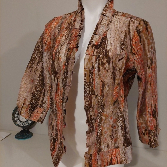 Chicos Brown Cardigan Jacket Size 1 Linen Open‎ Front Snakeskin Animal Print - Picture 1 of 8